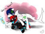  abstract_background biohazard_symbol bioluminescence black_body blue_hair blush bracelet chancenyoki couple cute cutie_mark cyan_hair dialog drawing duo english_text equine fish glowing green_eyes hair headphones horn horse hybrid jewelry khai lying magic male mammal marine my_little_pony on_front original_character pegasus pencil pony red_eyes red_hair shark star text white_body winged_unicorn wings 