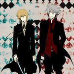  bandages black_pants blazblue blonde_hair brothers checkered checkered_background claws devoured_by_darkness formal green_eyes hand_in_pocket heterochromia highres jin_kisaragi multiple_boys necktie noco pants ragna_the_bloodedge red_eyes ribbon short_hair siblings silver_hair spiked_hair suit sword weapon yukianesa 