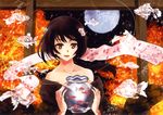  1girl absurdres bowl fish highres japanese_clothes kimono moon ueda_yumehito 