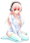  blush bottomless breasts cleavage headphones hishou_kotatsu large_breasts long_hair looking_at_viewer nitroplus no_bra pink_hair red_eyes sitting smile solo super_sonico thighhighs v_arms wariza 