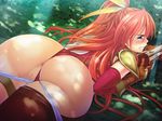  1girl anus ass bishoujo-darake_yume_no_bouken_seikatsu! blush censored clenched_teeth gloves grass gun ishii_akira lying miel_(company) pussy red_hair solo teeth weapon 