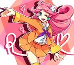  ;d arm_up bad_id bad_pixiv_id blouse blue_eyes curly_hair ichigoro long_hair one_eye_closed open_mouth orange_shirt orange_skirt pink_background pink_hair puyopuyo puyopuyo_fever raffine_(puyopuyo) shirt skirt smile solo 