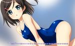  :o arched_back bare_shoulders black_hair blue_eyes breasts calendar_(medium) competition_school_swimsuit dutch_angle hair_ornament hairclip hentai_ouji_to_warawanai_neko. highres june medium_breasts one-piece_swimsuit one_side_up open_mouth school_swimsuit short_hair solo sugimura_tomokazu swimsuit tsutsukakushi_tsukiko 