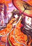  absurdres autumn_leaves bangs blunt_bangs brown_hair camellia copyright_request falling_leaves flower frilled_kimono frills hair_flower hair_ornament hairpin head_tilt highres huge_filesize japanese_clothes kimizuka_aoi kimono leaf leaf_print looking_at_viewer maple_leaf mountain oriental_umbrella outdoors parasol purple_eyes solo umbrella 