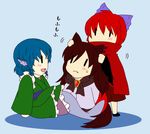  animal_ears bad_id bad_pixiv_id blue_hair blush bow brooch brown_hair cape double_dealing_character dress fang frills grass_root_youkai_network hair_bow hand_on_another's_head head_fins imaizumi_kagerou japanese_clothes jewelry long_hair long_sleeves mermaid monster_girl multiple_girls obi open_mouth red_hair sash sekibanki short_hair skirt sunshinek tail touhou wakasagihime wolf_ears wolf_tail |_| 