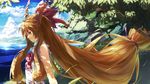  boulder bow brown_eyes brown_hair cloud day hair_bow hair_tie highres horns ibuki_notsu ibuki_suika light_brown_hair long_hair low-tied_long_hair ocean profile rock shade sidelocks sleeveless smile solo touhou tree very_long_hair water 