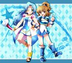  :&gt; anklet argyle argyle_background arle_nadja armor armored_dress bare_legs blue_background blue_footwear blue_hair blue_skirt boots brown_eyes brown_hair capelet choker earrings fan full_body green_eyes half_updo hitopm jewelry knee_boots locked_arms long_hair madou_monogatari multiple_girls puyopuyo rulue_(puyopuyo) sandals short_hair skirt smile v wrist_cuffs 