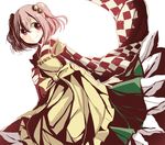  apron bad_id bad_pixiv_id bell book character_name checkered clothes_writing hair_bell hair_ornament japanese_clothes kaede_(mmkeyy) motoori_kosuzu orange_hair purple_eyes smile touhou two_side_up white_background wide_sleeves 