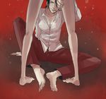  bare_legs barefoot casual freckles multiple_girls one-eyed pants pero_(itoningen) red_background shingeki_no_kyojin shirt short_hair sitting thigh_grab touching white_shirt ymir_(shingeki_no_kyojin) 