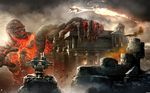  chariot fight fire flying giant god_of_war greek_mythology helios highres house looking_at_another male_focus monster muscle perses titan turret wallpaper weapon 
