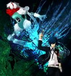  armband blue_eyes blue_hair digital_media_player evoker gun hair_over_one_eye headphones male_focus orpheus persona persona_3 red_eyes school_uniform techitoni thanatos weapon white_hair yuuki_makoto 