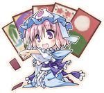  chibi hanafuda hat lowres open_mouth pink_hair purple_eyes saigyouji_yuyuko seiza short_hair sitting smile solo t-ray touhou triangular_headpiece 