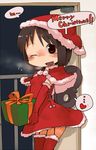  ;d black_eyes black_hair breath capelet doorway dress elbow_gloves garter_straps gift gloves hat heart holding holding_gift masha merry_christmas nichijou one_eye_closed open_mouth red_capelet santa_costume santa_hat shinonome_nano short_hair smile solo spoken_heart thighhighs winding_key 