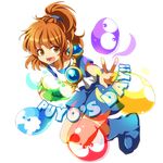  arle_nadja blob blue_footwear blue_skirt boots brown_eyes brown_hair full_body half_updo hitopm madou_monogatari puyo_(puyopuyo) puyopuyo shirt short_hair skirt smile v white_background 