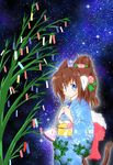  animal_ears bamboo blue_eyes blue_kimono brown_hair commentary flower hair_flower hair_ornament hands_on_own_chest japanese_clothes kimono kinchaku long_hair milky_way night night_sky obi original pouch sash sky smile solo star_(sky) tail tanabata tanzaku tateneko yukata 