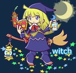  blonde_hair blue_background blue_eyes blue_footwear book boots bottle broom broom_riding character_name crescent_moon dress frown full_body hat kawamochi_(mocchii) long_hair madou_monogatari moon official_style puyopuyo sidesaddle solo star witch_(puyopuyo) 