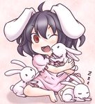  :3 animal_ears bad_id bad_pixiv_id black_hair brown_eyes bunny bunny_ears carrot dress inaba_tewi one_eye_closed open_mouth short_hair sleeping smile takanoru touhou zzz 
