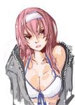  bikini_top breasts cleavage front-tie_top green_eyes hairband hood hoodie large_breasts long_hair megurine_luka open_clothes open_hoodie panties_(pantsu-pirate) parted_lips pink_hair shiny shiny_skin solo vocaloid white_background 