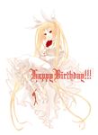  alternate_costume blazblue blonde_hair cake cross-laced_footwear dress flat_chest flower food fork frilled_dress frills hair_ribbon happy_birthday lace-up_heels long_hair noco rachel_alucard red_eyes red_flower red_rose ribbon rose sitting solo twintails very_long_hair white_dress 
