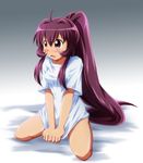  ahoge hair_intakes open_mouth ponytail purple_hair seiza shirt shishinon sitting solo sugiura_ayano t-shirt yuru_yuri 