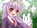  animal_ears bamboo bamboo_forest blazer blush bunny_ears forest jacket long_hair nature necktie purple_hair red_eyes red_neckwear reisen_udongein_inaba sagano_mito touhou 