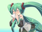  blowing_nose closed_eyes detached_sleeves green_hair handkerchief hatsune_miku headphones long_hair masuneko nail_polish necktie solo thighhighs twintails very_long_hair vocaloid 