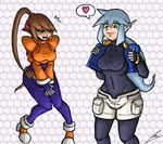  aile ashe_(rockman) belt blue_hair blush bodysuit borockman breasts brown_hair cosplay costume_switch covered_navel covering covering_crotch embarrassed gloves green_eyes headband large_breasts long_hair multiple_girls ponytail robot_ears rockman rockman_zx shorts taut_clothes v_arms vest 