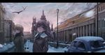  architecture bird blonde_hair blue_eyes blush brave_witches brown_hair building car church cloud eila_ilmatar_juutilainen ground_vehicle highres jacket lamppost letterboxed lif long_hair long_sleeves motor_vehicle multiple_girls nikka_edvardine_katajainen profile purple_eyes real_world_location russia short_hair snow strike_witches volkswagen_beetle world_witches_series 