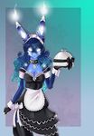  &lt;3 avoid_posting blue_hair bow breasts cabbit cat cleavage clothed clothing conditional_dnp dress feline female gloves glowing glowing_ears glowing_eyes hair hat hybrid lagomorph legwear long_hair looking_at_viewer maid maid_uniform mammal mrawl necklace rabbit smile solo stockings tray white_eyes white_nose 