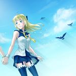  1girl bird blonde_hair blue_eyes bow cloud day eureka_seven_(series) eureka_seven_ao fleur_blanc fukai_ao hair_bow long_hair mike_(mee627mee) sky thighhighs uniform 