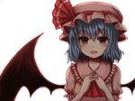  bat_wings blue_hair blush hands_clasped hat hat_ribbon own_hands_together raayu_(meltaway) red_eyes remilia_scarlet ribbon short_hair solo touhou wings 