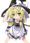  adjusting_clothes adjusting_hat apron black_dress blonde_hair bow braid dress hair_ribbon hat hat_bow highres kirisame_marisa long_hair looking_at_viewer ma-yu open_mouth puffy_sleeves ribbon short_sleeves simple_background single_braid solo touhou waist_apron white_background white_bow witch_hat yellow_eyes 