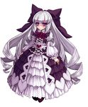  doll doll_joints dress full_body hair_ornament hair_ribbon kenkou_cross living_doll_(monster_girl_encyclopedia) lolita_fashion long_hair looking_at_viewer monster_girl_encyclopedia official_art purple_eyes ribbon silver_hair simple_background skirt smile solo white_background 