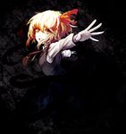  black_dress blonde_hair bow darkness dress eruza hair_bow highres long_sleeves looking_at_viewer necktie outstretched_arms rumia shirt smile solo touhou yellow_eyes 
