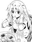  1girl curry eating food gloves greyscale long_hair looking_at_viewer monochrome school_uniform shokuhou_misaki skirt solo symbol-shaped_pupils to_aru_kagaku_no_railgun to_aru_majutsu_no_index watarai_keiji 