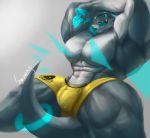  big_bulge big_pecs bulge clothing dragon grey_scales male muscular muscular_male pecs scales simple_background snoway solo teeth thick_arms thick_thighs tongue underwear white_belly 