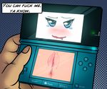  anus blue_eyes blush english_text female human looking_at_viewer male mammal nintendo_3ds pussy quagsire_(artist) quagsireofvp text 