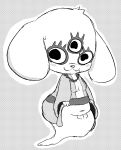  anthro blush breasts canine clothed clothing clothing_lift dog drmyro espy_(yo-kai_watch) female ghost looking_at_viewer mammal monochrome navel presenting pussy smile solo spirit third_eye tongue tongue_out video_games yo-kai_watch 