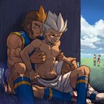  4boys abs ichirouta_kazemaru inazuma_eleven male_focus multicolored_hair multiple_boys muscle nikism nipple nipples outdoors pecs public raiden_hijikata shuuya_gouenji size_difference topless undressing yaoi 