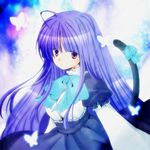  aruchi bad_id bad_pixiv_id blue_bow blue_hair bow bug butterfly dress frederica_bernkastel insect purple_eyes ribbon solo tail tail_bow umineko_no_naku_koro_ni 