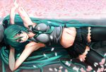  aqua_eyes aqua_hair armpits cherry_blossoms hatsune_miku long_hair lying midriff navel necktie nohito skirt solo thighhighs twintails very_long_hair vocaloid zettai_ryouiki 