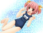  barefoot hair_ribbon one-piece_swimsuit original pink_hair ribbon school_swimsuit shibacha solo swimsuit twintails 