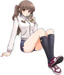  bad_id bad_pixiv_id blazer blush brown_eyes brown_hair coffee copyright_request drinking jacket kneehighs legs mirk socks solo 