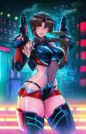  1girl alternate_costume artist_name black_lagoon bodysuit breasts brown_eyes brown_hair city commentary crossover cyber_fashion dual_wielding english_commentary fingerless_gloves fishnets gloves gun handgun highres holding holster iahfy large_breasts leotard long_hair navel official_alternate_costume ponytail revy_(black_lagoon) shiny_clothes shoulder_holster shoulder_tattoo skin_tight solo taimanin_(series) taimanin_rpgx tattoo thick_thighs thighhighs thighs tribal_tattoo weapon wide_hips 