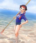  barefoot beach black_hair brown_eyes buruma character_request day dutch_angle ganbatte_ikimasshoi gym_uniform hand_on_hip headband magashira_aki oar outdoors short_hair solo wading water 