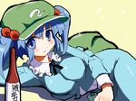  9law arm_support backpack bag blue_eyes blue_hair blush bottle breasts hair_bobbles hair_ornament kawashiro_nitori large_breasts lying oekaki on_side reclining short_hair smile solo touhou twintails two_side_up 