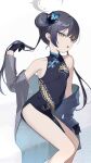  1girl bare_shoulders black_dress black_gloves black_hair blue_archive blue_eyes braid braided_bun butterfly_hair_ornament china_dress chinese_clothes double_bun dragon_print dress gloves grey_eyes grey_halo grey_jacket hair_bun hair_flip hair_ornament halo hashtag-only_commentary highres jacket kisaki_(blue_archive) long_hair looking_at_viewer monemasu pelvic_curtain pinstripe_jacket pinstripe_pattern polka_dot polka_dot_background print_dress side_slit sleeveless sleeveless_dress smile solo striped_clothes striped_jacket twintails two-sided_fabric two-sided_jacket vertical-striped_clothes vertical-striped_jacket white_background 
