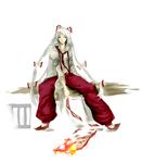  fire fujiwara_no_mokou hair_ribbon long_hair mnk necktie pants red_eyes ribbon solo suspenders touhou white_hair 