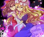  blonde_hair bow breasts brown_eyes brown_hair chigo choker cleavage detached_sleeves dress eyes frilled_bow frills gloves hair_bow hakurei_reimu hat long_hair mob_cap multiple_girls puffy_short_sleeves puffy_sleeves purple_dress purple_eyes red_bow red_choker red_ribbon ribbon ribbon-trimmed_sleeves ribbon_trim short_sleeves touhou white_gloves white_hat white_sleeves yakumo_yukari 