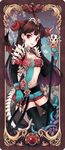  art_nouveau bad_id bad_pixiv_id breasts brown_hair center_opening cleavage earrings feathers gloves horns jewelry knife lips lipstick long_hair makeup medium_breasts midriff nardack navel original red_eyes scepter skull smile solo standing thighhighs thorns wings 